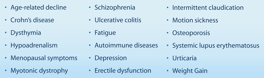 Age Related Decline, Crohn's Disease, Dysthymia, Hypoadrenalism, Menopausal Symptoms, Myotonic Dystrophy, Schizophrenia, Ulcerative Colitis, Fatigue, Autoimmune diseases, Depression, Erectile Dysfunction, Intermittent Claudication, Motion Sickness, Osteoporosis, Systemic Lupus Erythematosus, Urticaria, Weight Gain